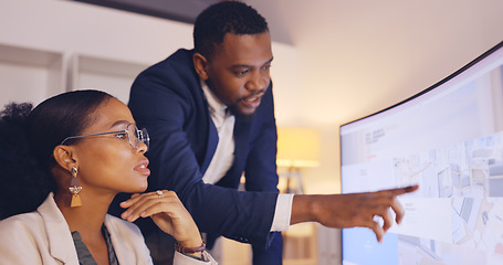 Image showing Help, manager and employee talking, support or communication for process, system or planning in office. Staff, male manager or female consultant with computer, discussion or collaboration for project