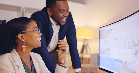 Image showing Business people, teamwork and training on computer screen at night for collaboration, planning or strategy at office. Businessman and woman working late in web design on desktop PC at workplace