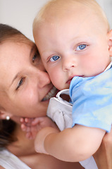 Image showing Closeup of woman bonding with baby, love and care with happiness, development and growth at family home. Young mother, toddler and parenting, early childhood and childcare, motherhood and cute kid