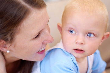 Image showing Love, mother and baby bonding, happy and support with family, hug and happiness with joy, nurture and security. Mama, mom and infant with female parent, kid and child development with safety and care