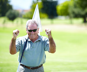 Image showing Senior man, flag or golfer with success in a workout winning with birdie success on a golf course. Fists, golfing celebration or happy mature player training in sports game smiling in retirement