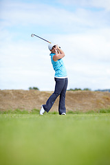 Image showing Portrait, happy woman or swing playing golf for fitness, workout or exercise on course or grass. Smile, girl golfing or golfer training in action or sports game driving with a club stroke on field