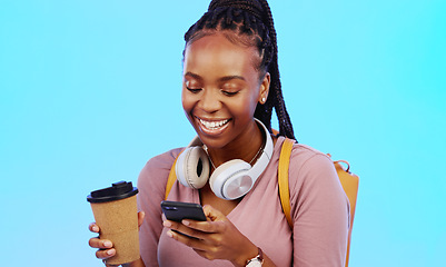 Image showing Phone, music and coffee with a black woman in studio on a gray background listening to the radio. Mobile, social media or headphones and a young female streaming an audio playlist with a drink