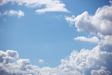 Image showing Blue sky, clouds and background in nature, outdoor and climate with space, pattern or heaven. Environment, cloud and natural shape for meteorology, weather and air with light, freedom and summer