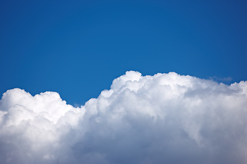 Image showing Atmosphere, space and environment with clouds in blue sky for heaven, peace and climate. Sunshine, mockup and dream with fluffy cloudscape in ozone air for freedom, pattern and weather meteorology