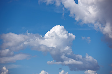 Image showing Heaven, space and environment with clouds in blue sky for nature, peace and climate. Sunshine, mockup and dream with fluffy cloudscape in ozone air for freedom, pattern and weather meteorology