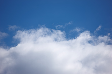 Image showing Nature, space and atmosphere with clouds in blue sky for heaven, peace and climate. Sunshine, mockup and dream with fluffy cloudscape in ozone air for freedom, pattern and weather meteorology