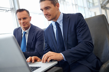 Image showing Laptop, corporate lounge and business people teamwork on finance portfolio review, stock exchange analysis or banking. Crypto, online research and professional men working on financial stocks trading