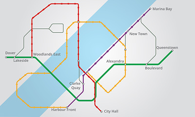 Image showing Navigation, gps and map for travel or location with roadmap lines, dots or color guide for city. Abstract, background and technology or digital system to search place, route or Singapore destination