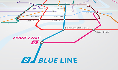 Image showing Underground, train railway and lines on map of metro for navigation, travel or transport with infrastructure. Chart, subway transportation or diagram for urban journey, route or itinerary to location