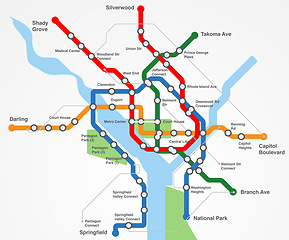 Image showing Transport, train railway and map of metro for navigation, travel and underground infrastructure in city. Chart, subway transportation and diagram for urban journey, route or itinerary for location