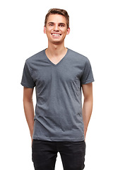 Image showing Happy, fashion and portrait of man on a white background with confidence, attractive and pride in studio. Smile, confident and face of isolated handsome young male person with trendy casual clothes