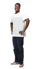 Image showing Happy, fashion and portrait of black man on a white background with confidence, attractive and pride in studio. Smile, confident and isolated handsome young male person with trendy casual clothes