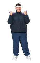 Image showing Plus size, weight training and portrait of man in a studio with exercise and training for diet goals. White background, smile and male model with healthy and wellness goals for overweight problem