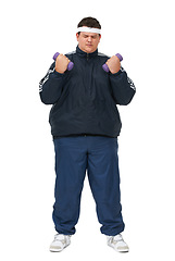 Image showing Plus size, weight training and lift of man in a studio with exercise and training for diet goals. White background, smile and male model with healthy and wellness goals for overweight problem