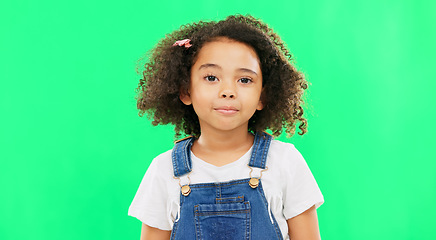 Image showing Raise eyebrow, green screen and face of child on in studio for comic, meme and funny facial expression. Emoji mockup, childhood and portrait of young girl with happiness, humour reaction and excited