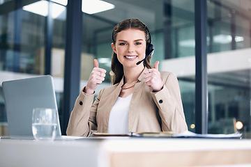 Image showing Thank you, portrait of call center agent with thumbs up and headset at her office in a modern workplace. Telemarketing or customer service, online communication or consultant and female person happy