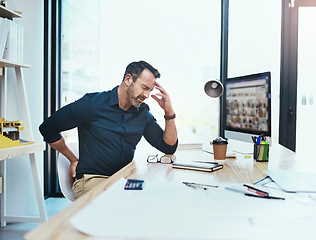 Image showing Businessman with back pain, injury and headache from stress in the office while working on project. Medical emergency, healthcare and mature male employee with migraine and sprain muscle in workplace