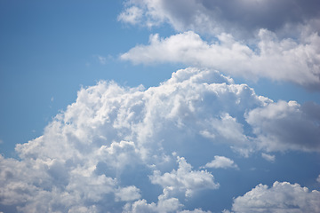 Image showing Nature, space and pattern with clouds in blue sky for heaven, peace and climate. Sunshine, mockup and dream with fluffy cloudscape in ozone air for freedom, environment and weather meteorology