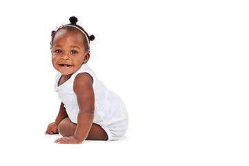 Image showing Smile, portrait and African girl baby with mockup isolated on white background with playful happiness and growth. Learning, playing and sitting, happy face of black child on studio backdrop and space