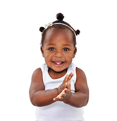 Image showing Portrait, infant and baby with a smile, applause and happiness isolated against a white studio background. Face, female person and toddler clapping, cheerful and newborn excited and hands together