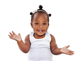 Image showing Smile, portrait and African girl baby isolated on white background with playful happiness and growth. Learning, playing and sitting, happy face of black child on studio backdrop and kids open hands.