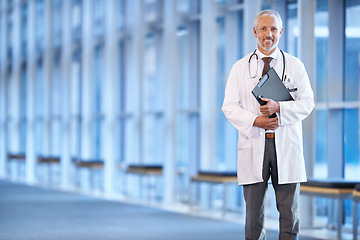 Image showing Portrait, senior man and doctor with a document, hospital and file with a smile, information and healthcare. Face, mature male person and medical professional with paperwork, research and career