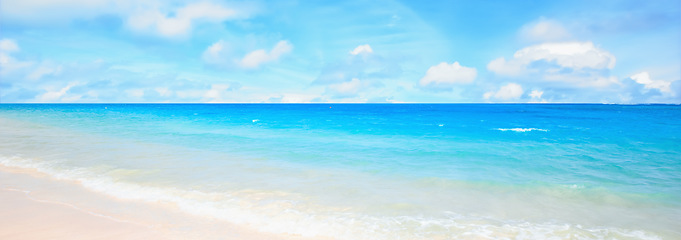 Image showing Sea, blue sky and landscape with beach and travel, white sand and summer vacation outdoor in Hawaii. Environment, horizon and seaside location with tropical destination and journey on island