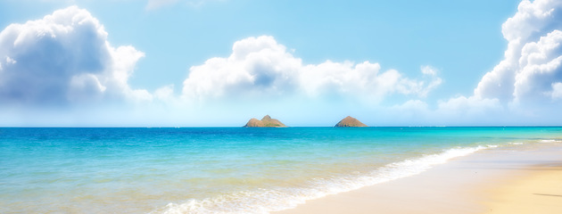 Image showing Water, beach and ocean landscape with clouds in the sky or travel to a tropical paradise, dream vacation or island holiday, Hawaii, summer wallpaper and relax in nature, sun and blue sea waves