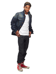 Image showing Fashion, serious and portrait of man on a white background with confidence, attitude and pride in studio. Model, confident and isolated young male person with trendy clothes, style and denim jacket