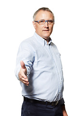 Image showing Business man, handshake and studio portrait with welcome, recruitment or onboarding by white background. Isolated senior businessman, open palm and shaking hands for hiring, greeting and respect