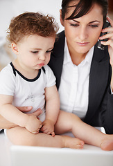 Image showing Woman, home office and phone call with baby, laptop or care with talk, reading or multitasking at desk. Mother, young boy child and cellphone for networking, bond or remote work at pc in family house