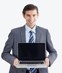 Image showing Laptop, mockup and portrait of business man in studio for website, email and administration. Happy, smile and technology with male employee in white background for corporate, internet and networking