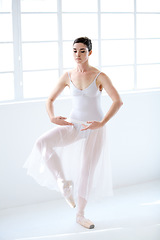 Image showing Dance, ballet and creative with woman and practice studio for balance, elegant and performance. Artist, theatre and training with ballerina dancing in class for competition, freedom and commitment