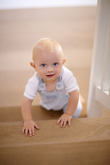 Image showing Happy, portrait of baby crawling and at his home with a smile at the stairs. Happiness or childhood development, excited or cheerful and boy child crawl at his house by the staircase smiling