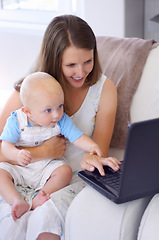 Image showing Video call, baby and mother with a laptop, care and connection with social media, nurture and happiness. Mama, mom and female parent with a newborn, infant and pc for conversation, love and network