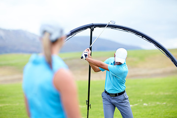 Image showing Ring, drive or beginner golfer in golf course lesson for fitness, workout or exercise to learn to swing. Coaching, golfing or male athlete training with instructor for driving with a club stroke