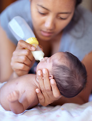 Image showing Mother, baby and feeding milk from bottle for nutrition, health and wellness. Formula, newborn and mom feed child for early childhood development, growth and healthy diet, food and lunch at home.