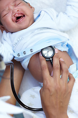 Image showing Stethoscope, cleft palate and baby in medical exam and crying in a newborn hospital or clinic for healthcare. Doctor, pediatrician and infant child get cardiology test or check for care and health