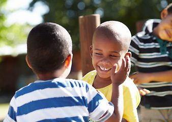 Image showing Playground, happy kids or friends in a park playing together outdoors in nature on preschool break. Happiness, diversity or fun children with a smile laughing, smiling or bonding in kindergarten