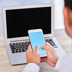 Image showing Businessman, hands and phone with mockup screen for social media, communication or networking at the office. Hand of man employee typing or texting on mobile smartphone mock up display at workplace