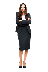 Image showing Portrait, arms crossed and an indian business woman in studio isolated on a white background for work. Smile, confident or professional with a happy young female employee ready for a corporate career
