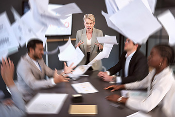 Image showing Diversity, woman ceo screaming in anger at colleagues and paperwork in a meeting room at their workplace. Problem, paper and female manager scream at her coworkers with documents falling around