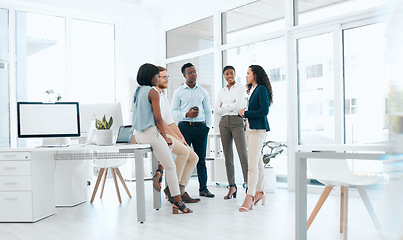 Image showing Business people, talking and group in a meeting, journalist and planning for a project, schedule and deadline. Staff, coworkers or men with women, career and editors with discussion and brainstorming