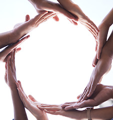 Image showing Teamwork, hands and people in circle shape for collaboration, support and community from below on white background. Closeup, group and palms together for cooperation, trust and solidarity of workflow