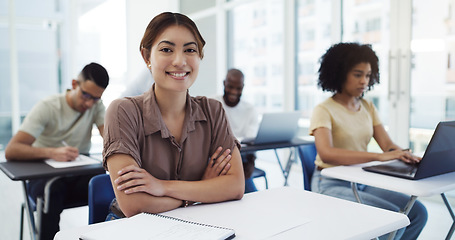 Image showing Portrait, education and girl college student in classroom for learning, lecture or studying at academy. Face, woman or happy university learner smile in lecture for future, career development or exam