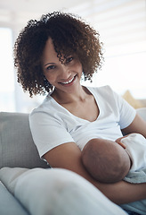 Image showing Happy, portrait and mom breastfeeding her baby for health, nutrition and wellness at home. Bonding, love and young mother nursing or feeding her newborn child milk on the sofa in their family house.