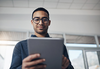 Image showing Email, analysis and a businessman with a tablet at work for connectivity and communication. Internet, reading and a corporate worker with an online app for a professional career as a IT developer