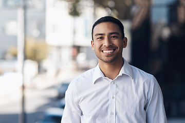 Image showing Happy, smile and portrait of business man in city for corporate, professional and natural. Happiness, entrepreneur and pride with face of male employee in outdoors for mindset, career and positive