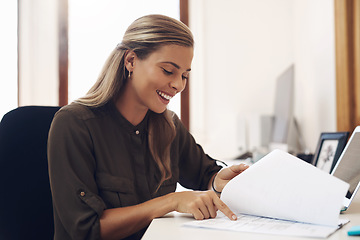 Image showing Documents, business woman and accountant reading report for information, financial data or analysis. Paperwork, auditor and happy female professional check contract, review and bookkeeping in office.